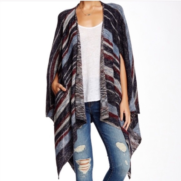 Free People Big Trail Poncho Cardigan Sweater Linen Blend Blue/Red/Gray XS - Picture 1 of 14